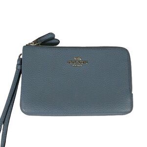 Coach Double Corner Zip Wristlet Wallet Clutch Light Blue Pebble Leather  F87590